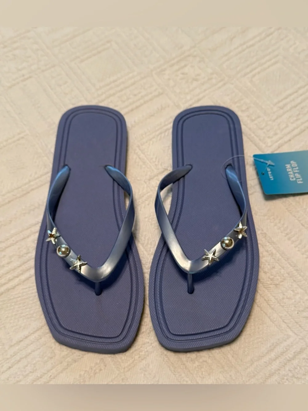 Sandals Flip Flops slip on - size 7/8 medium NEW!  Blue w/silver sea accents - Picture 4 of 10